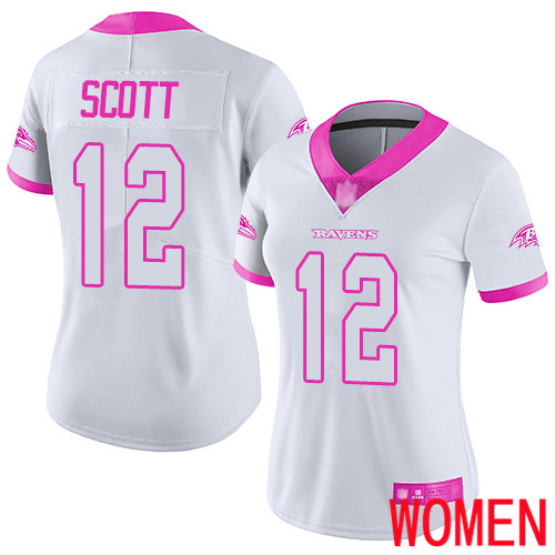 Baltimore Ravens Limited White Pink Women Jaleel Scott Jersey NFL Football #12 Rush Fashion->women nfl jersey->Women Jersey